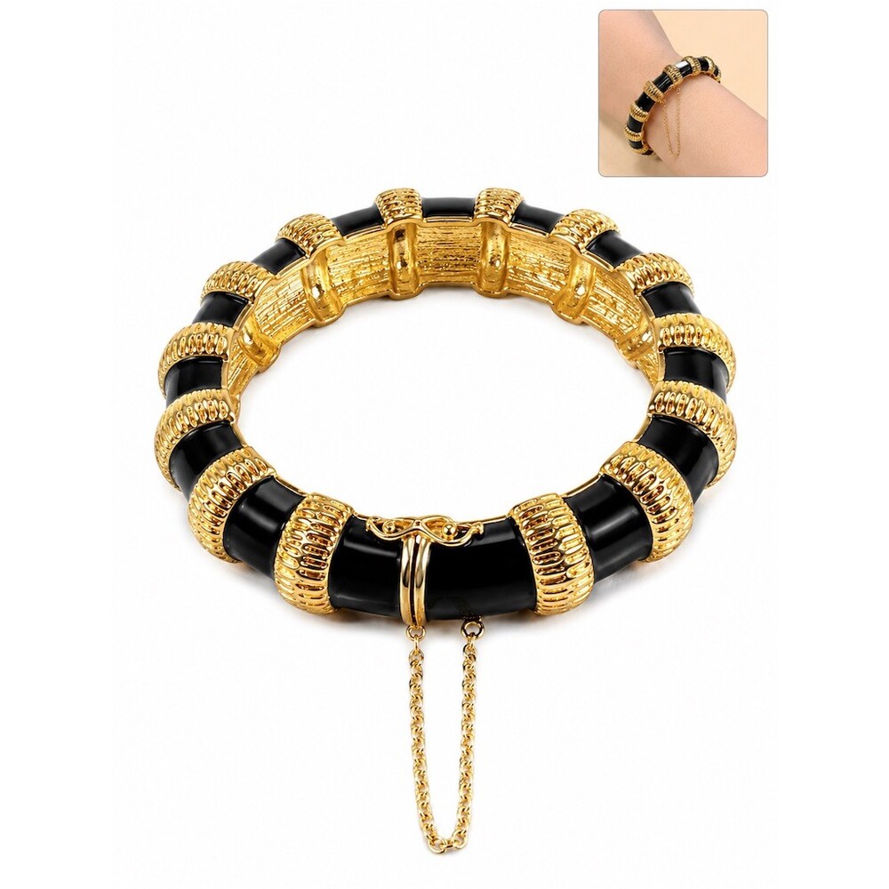 Bamboo Gold Black Enamel Statement Bracelet Cuff vintage Designer Inspired lux